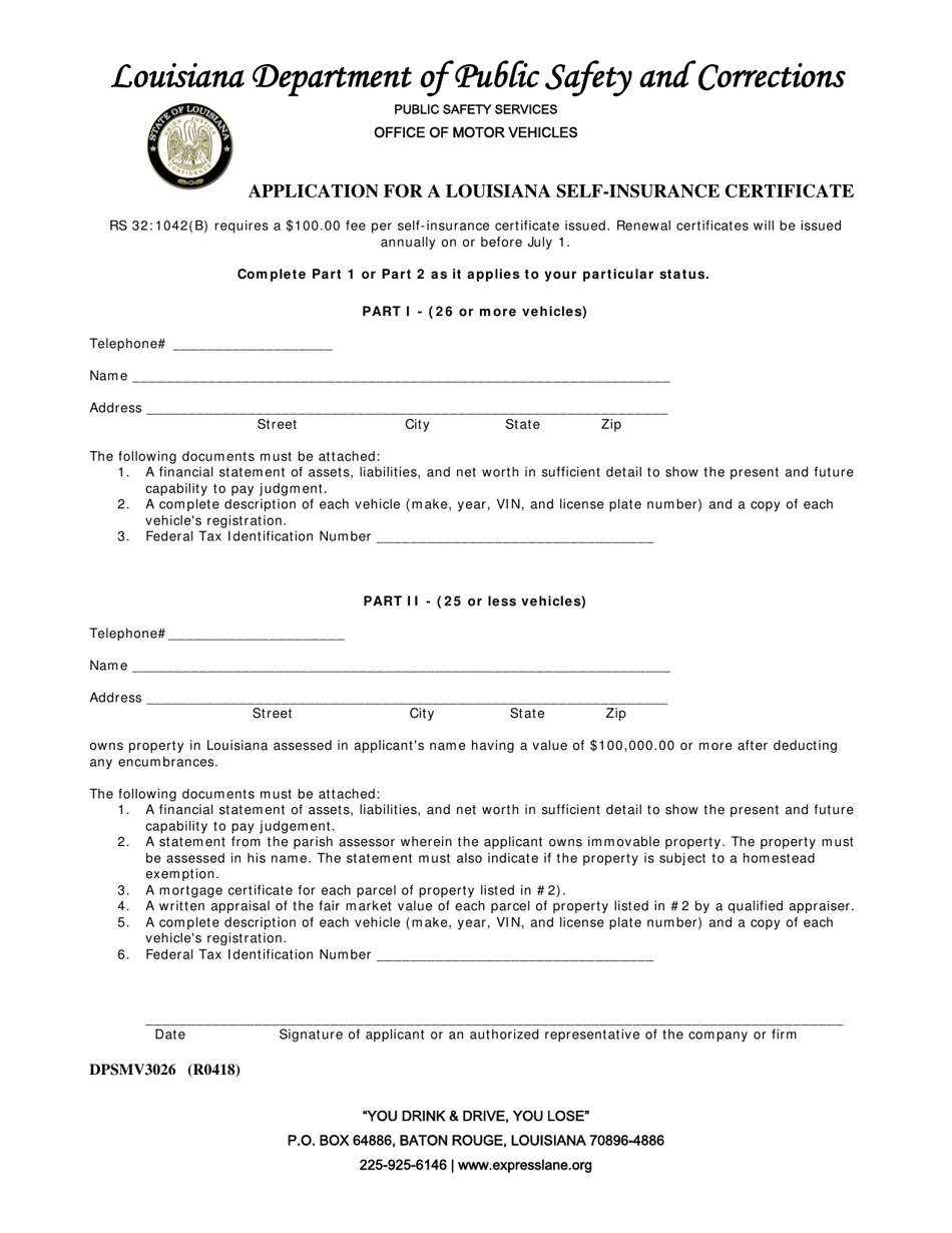 Form DPSMV3026 Application for a Louisiana Self-insurance Certificate - Louisiana, Page 1