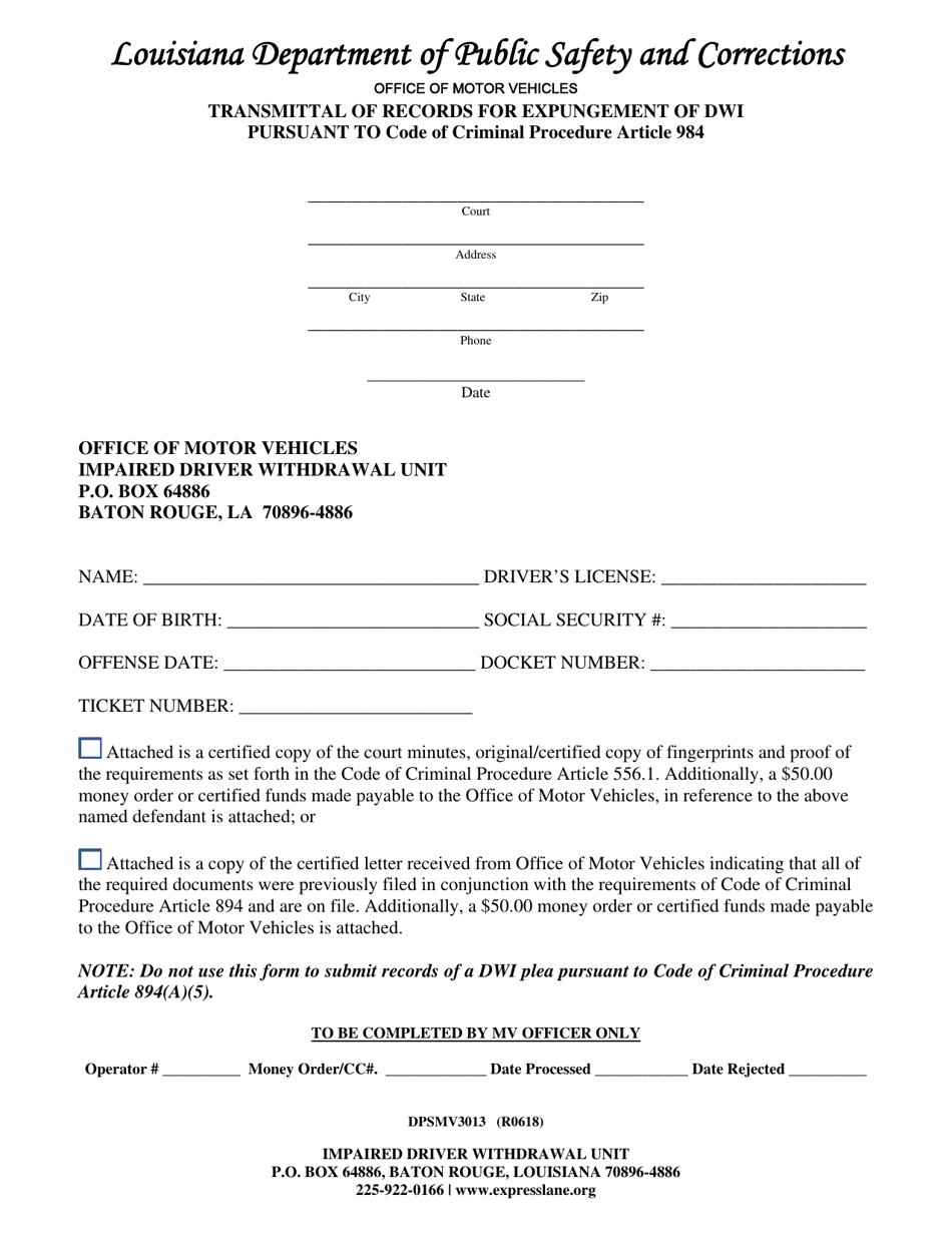 Form DPSMV3013 Transmittal of Records for Expungement of Dwi Pursuant to Code of Criminal Procedure Article 984 - Louisiana, Page 1