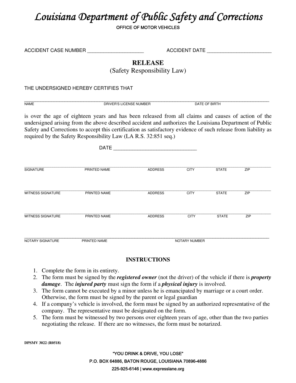 Form DPSMV3022 Release (Safety Responsibility Law) - Louisiana, Page 1