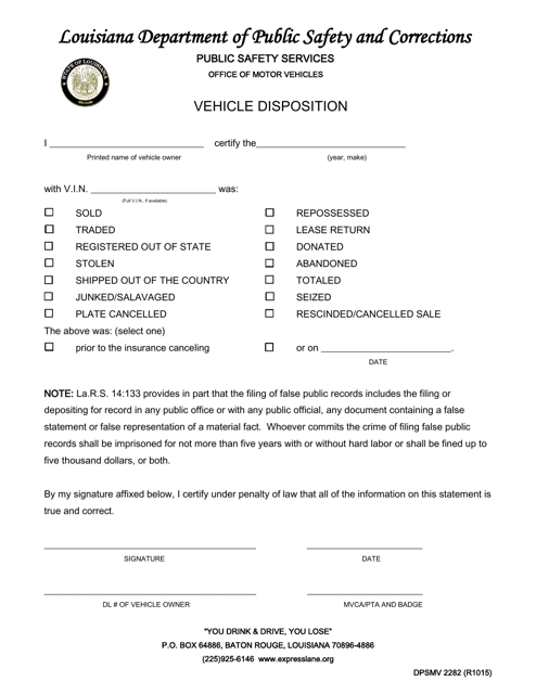 Form DPSMV2282 Vehicle Disposition - Louisiana