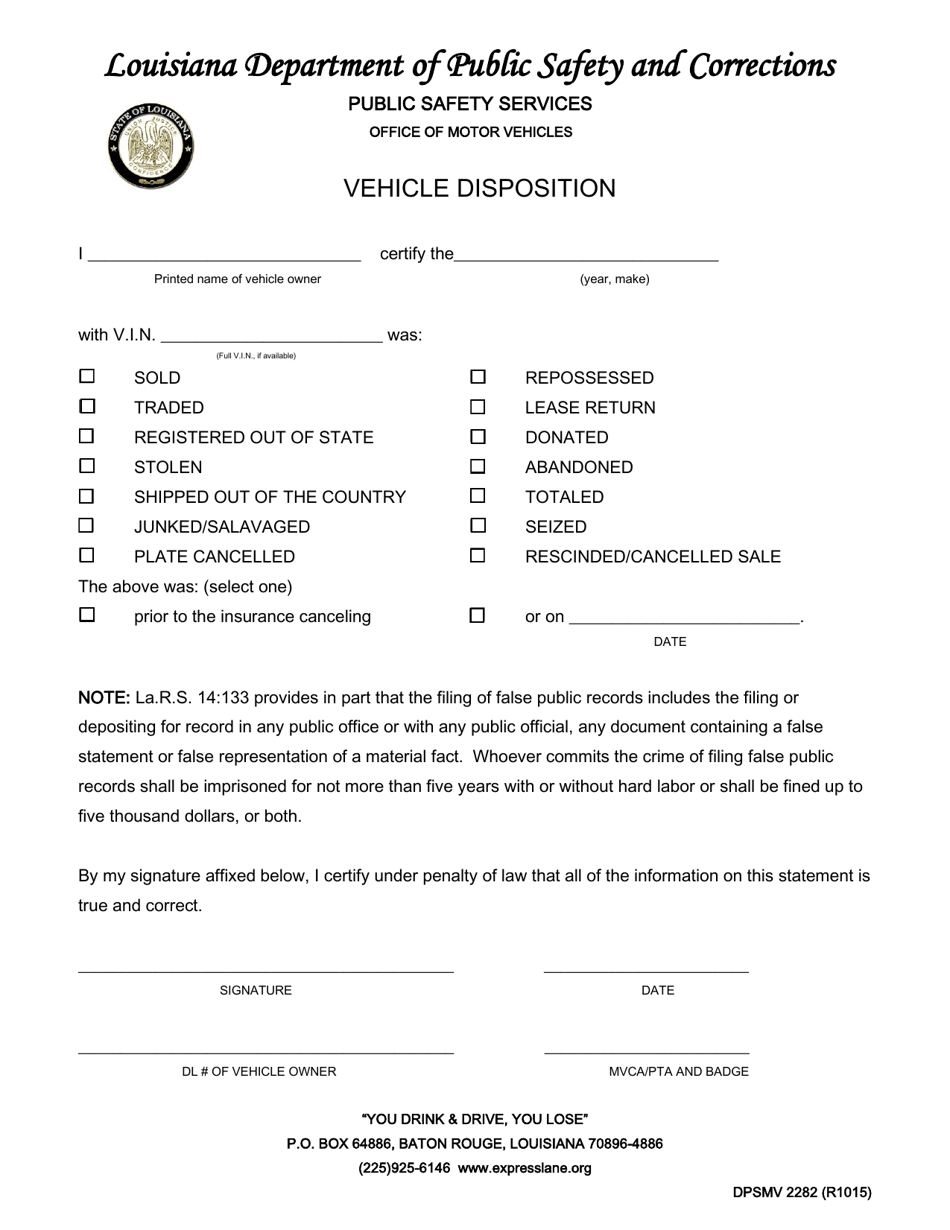 Form DPSMV2282 Vehicle Disposition - Louisiana, Page 1