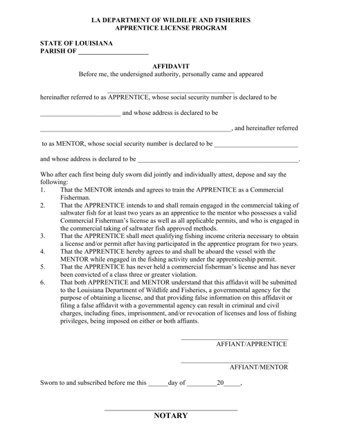 Apprentice License Program Affidavit - Louisiana
