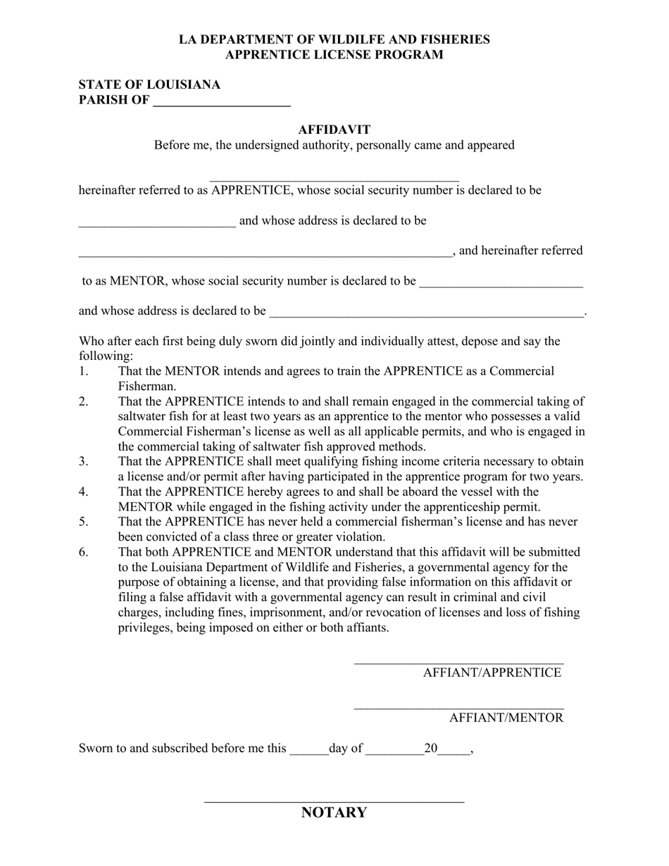 Louisiana Apprentice License Program Affidavit - Fill Out, Sign Online ...