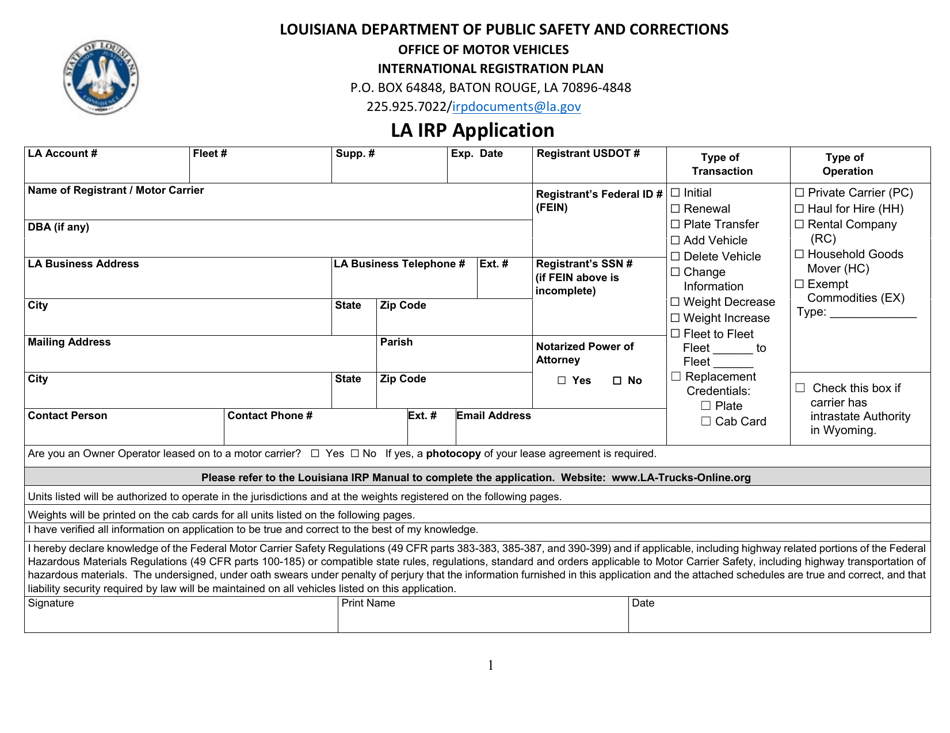 La Irp Application - Louisiana, Page 1