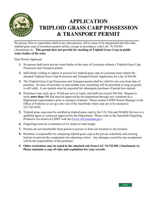 Application Triploid Grass Carp Possession and Transport Permit - Louisiana Download Pdf