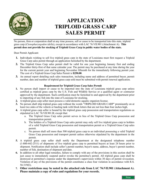 Application Triploid Grass Carp Sales Permit - Louisiana Download Pdf