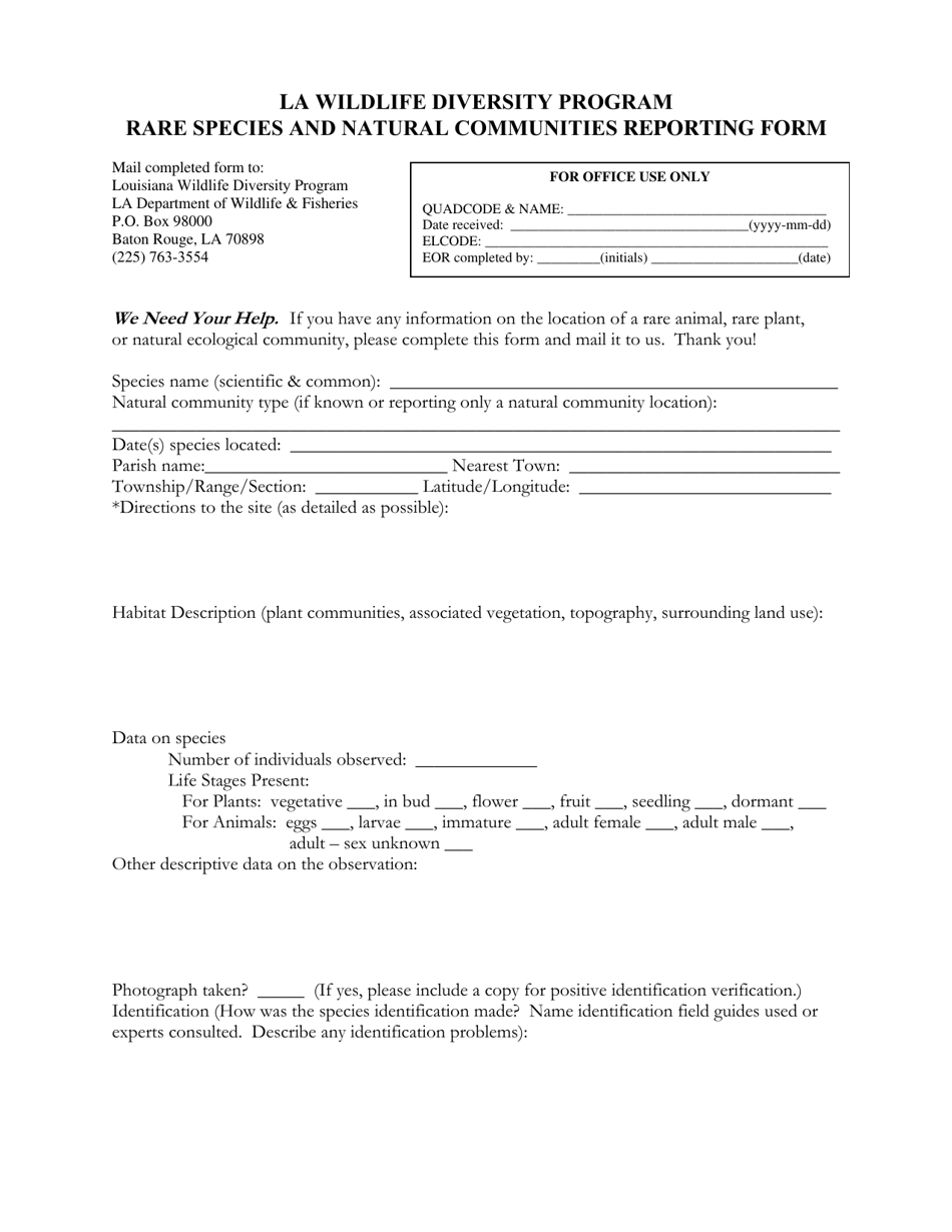 Rare Species and Natural Communities Reporting Form - Wildlife Diversity Program - Louisiana, Page 1