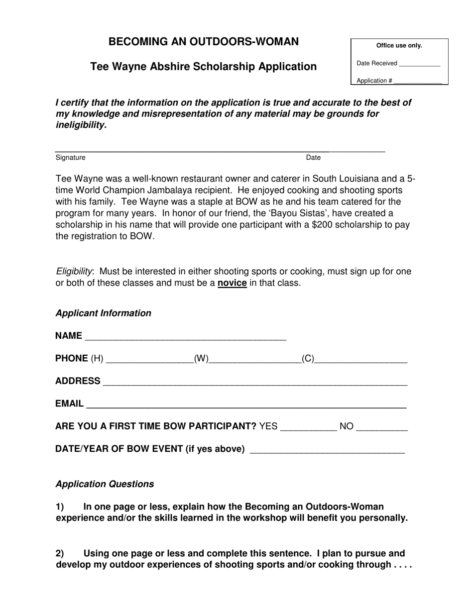 Tee Wayne Abshire Scholarship Application - Louisiana, Page 1