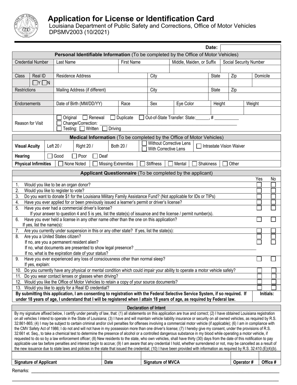 Form DPSMV2003 Application for License or Identification Card - Louisiana, Page 1