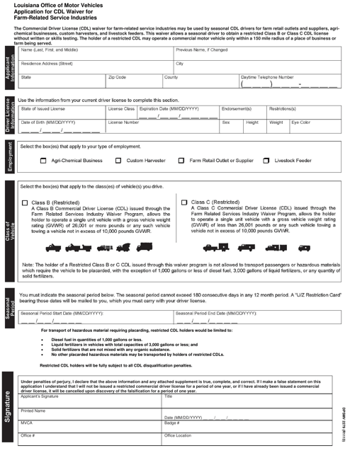 Form DPSMV2279 Application for Cdl Waiver for Farm-Related Service Industries - Louisiana