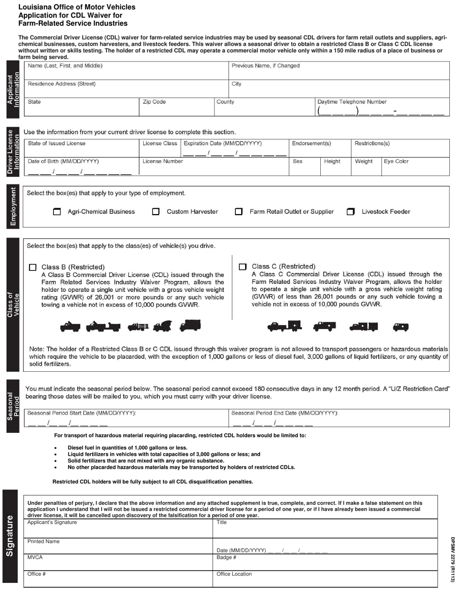 Form DPSMV2279 Application for Cdl Waiver for Farm-Related Service Industries - Louisiana, Page 1