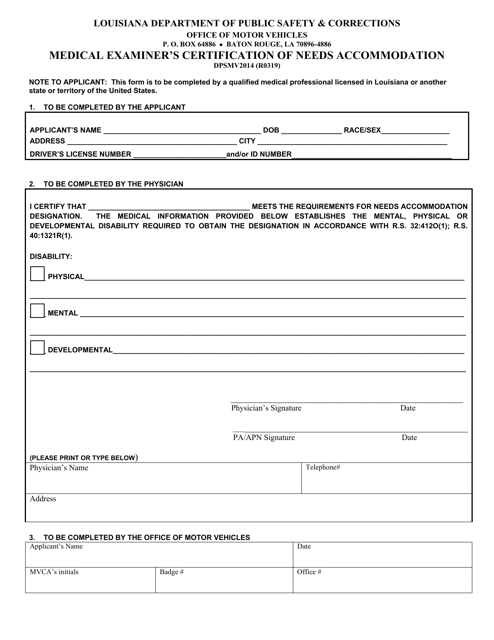 Form DPSMV2014 Medical Examiner's Certification of Needs Accommodation - Louisiana
