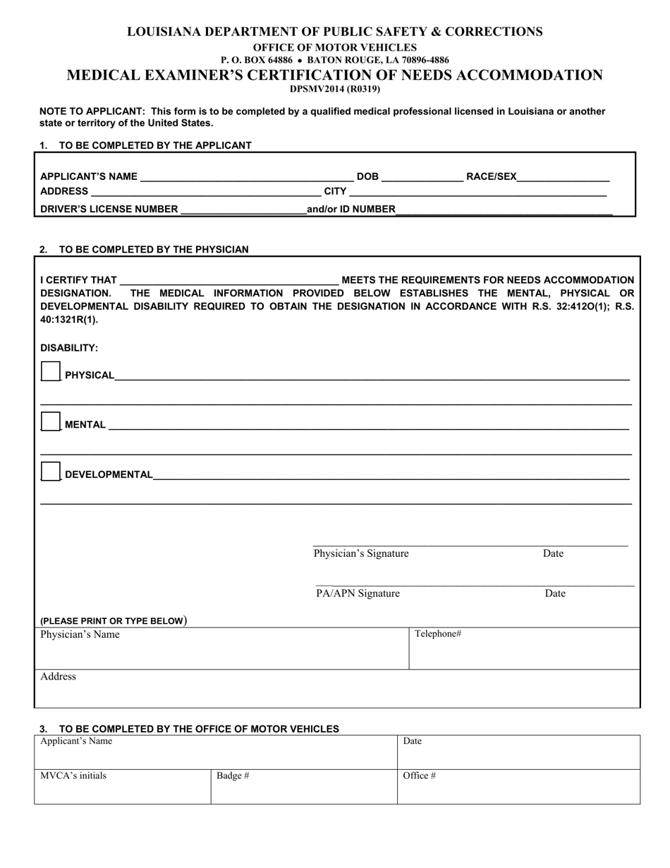 Form DPSMV2014 Medical Examiners Certification of Needs Accommodation - Louisiana, Page 1