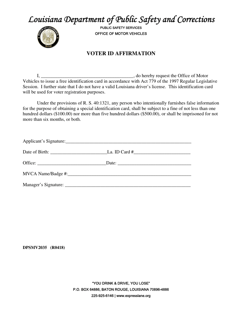 Form DPSMV2035 Voter Id Affirmation - Louisiana, Page 1