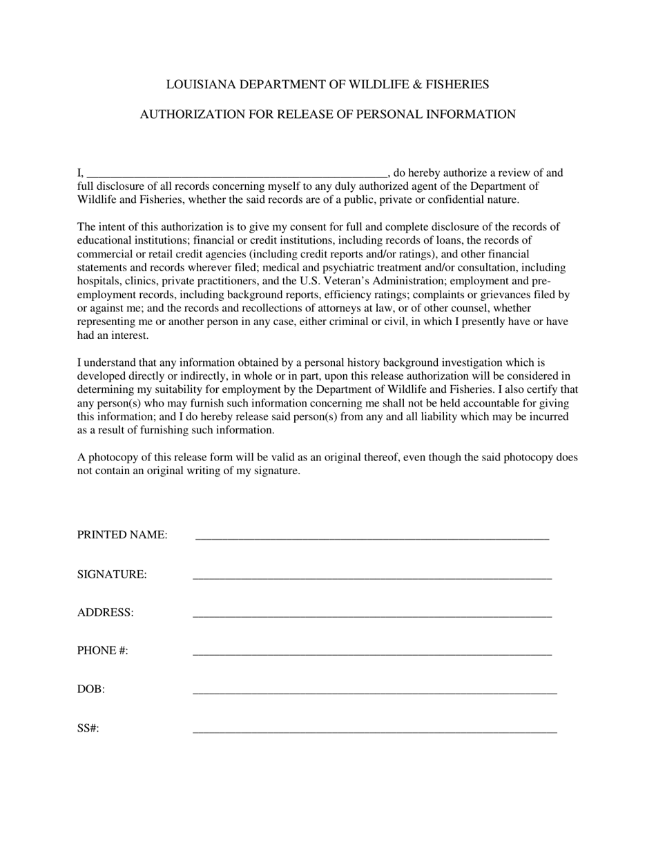 Authorization for Release of Personal Information - Louisiana, Page 1