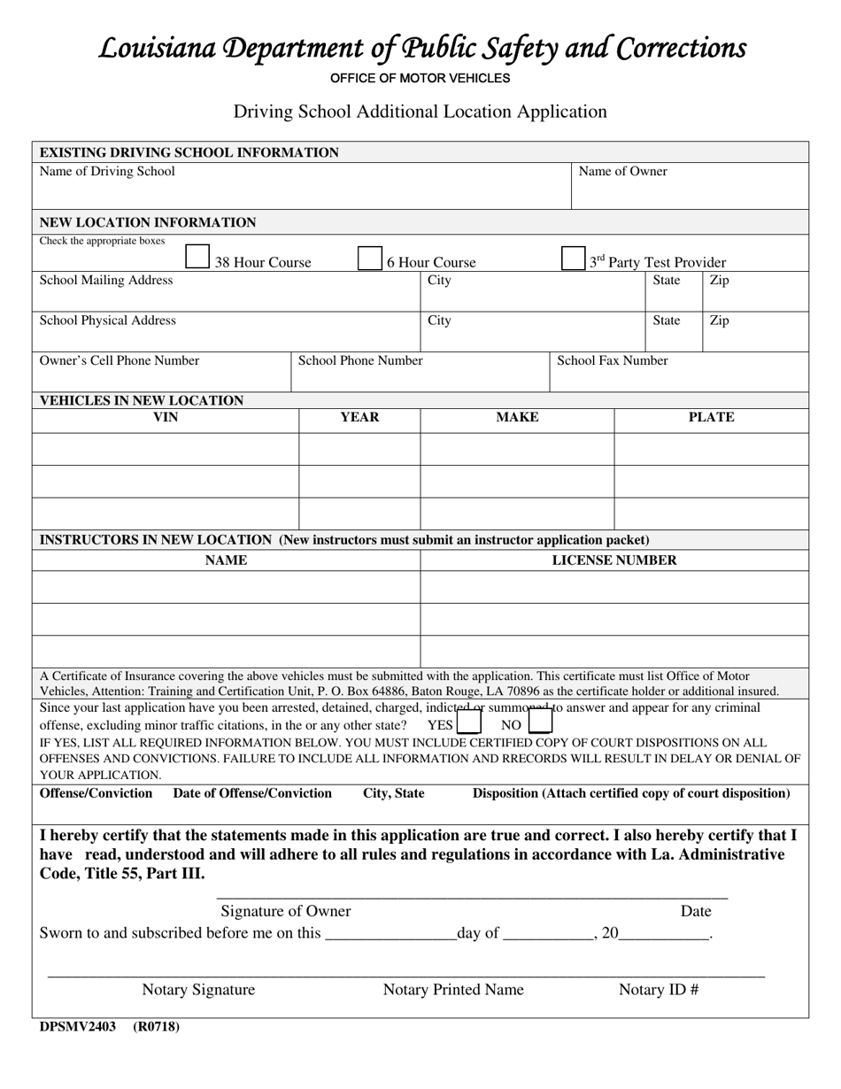 Form DPSMV2403 Driving School Additional Location Application - Louisiana, Page 1