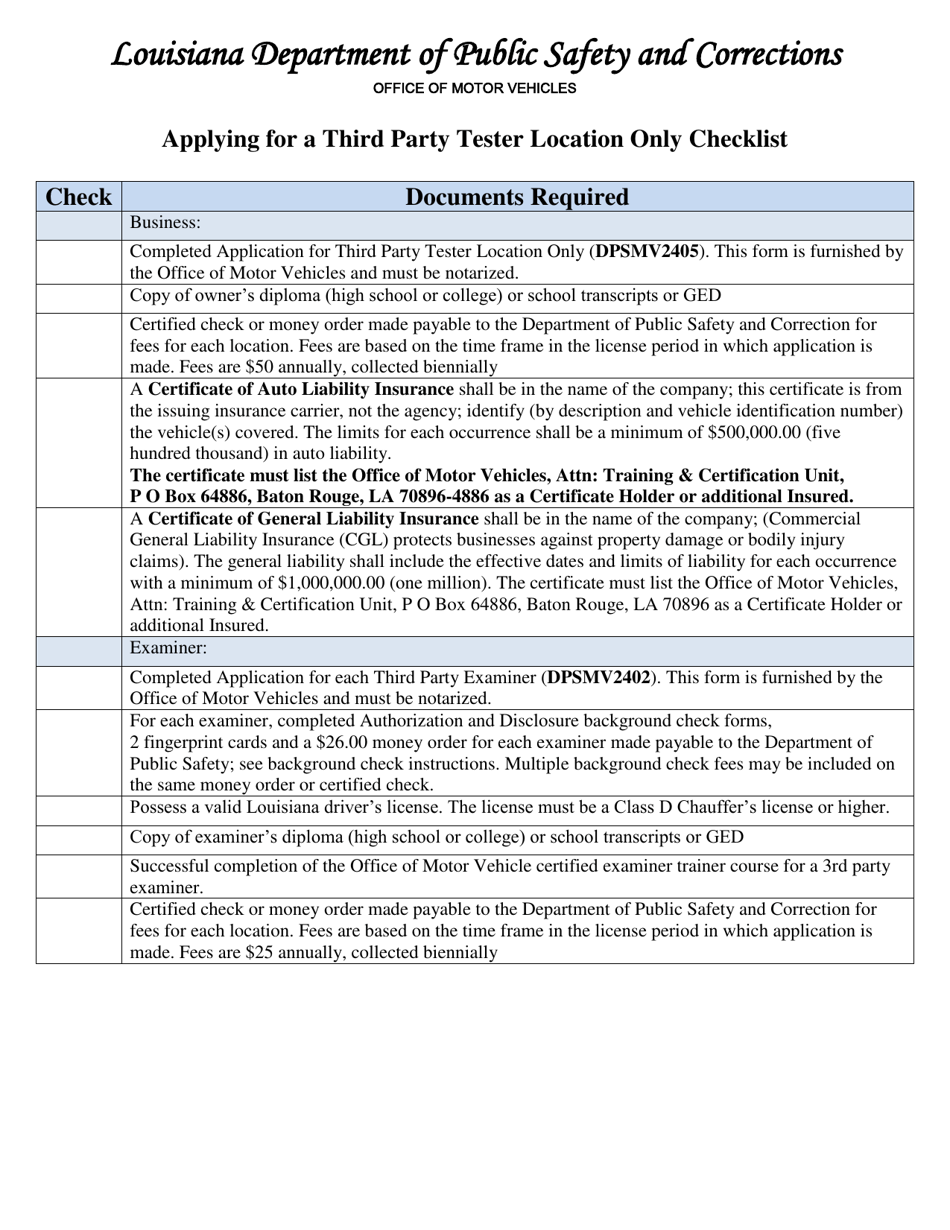 Checklist - Third Party Tester Location Only Application Process - Louisiana, Page 1