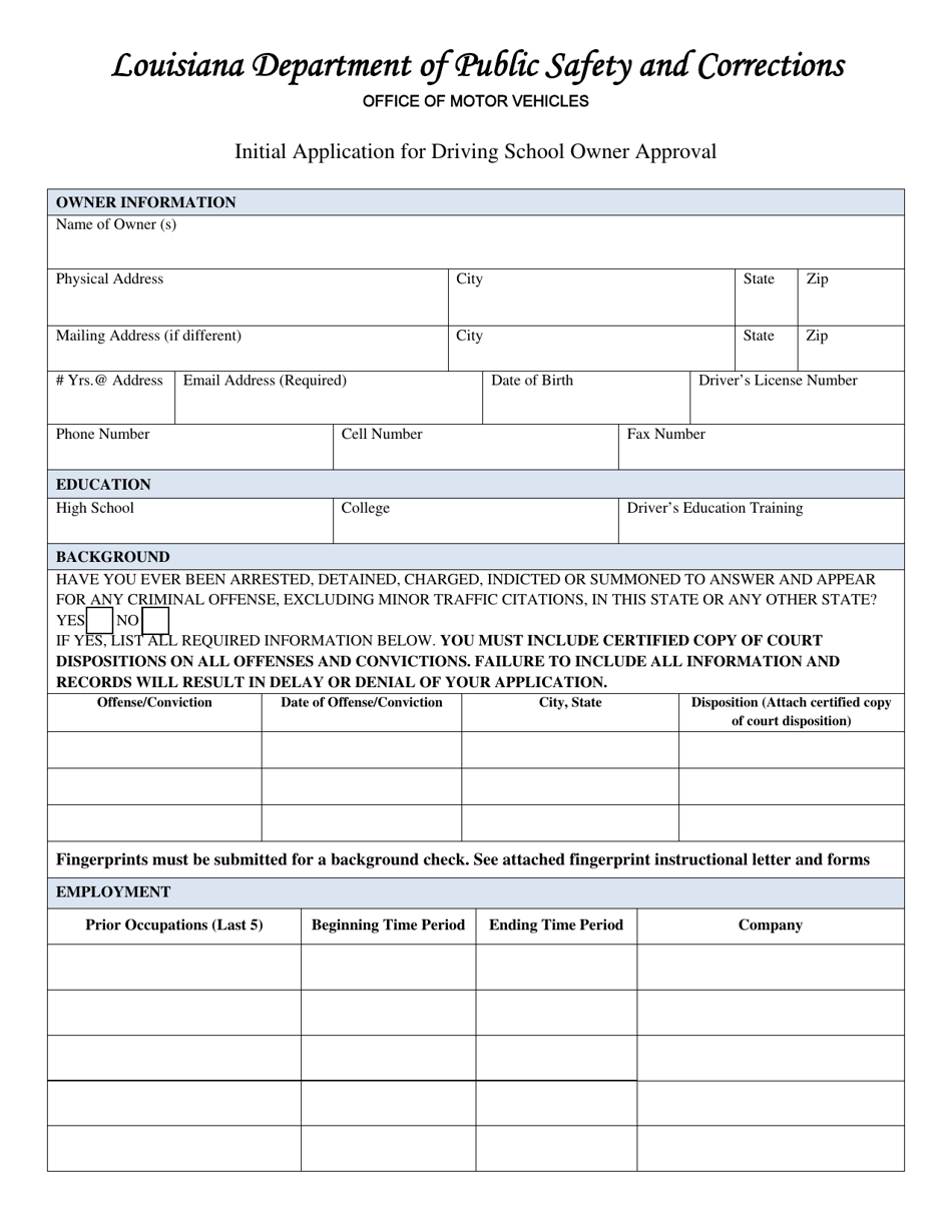 Form DPSMV2400 Initial Application for Driving School Owner Approval - Louisiana, Page 1