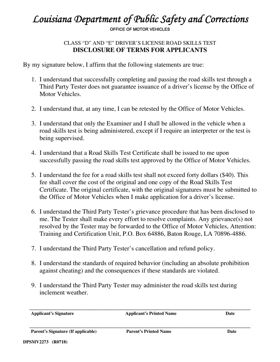 Form DPSMV2273 Road Skills Test Disclosure of Terms - Louisiana, Page 1