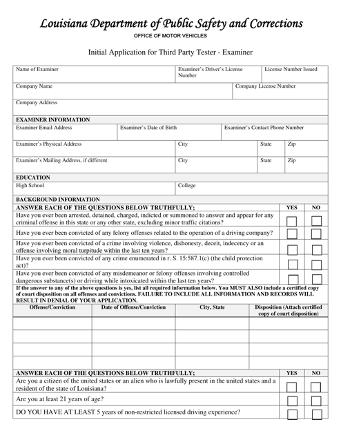 Form DPSMV2404 Initial Application for Third Party Tester - Examiner - Louisiana
