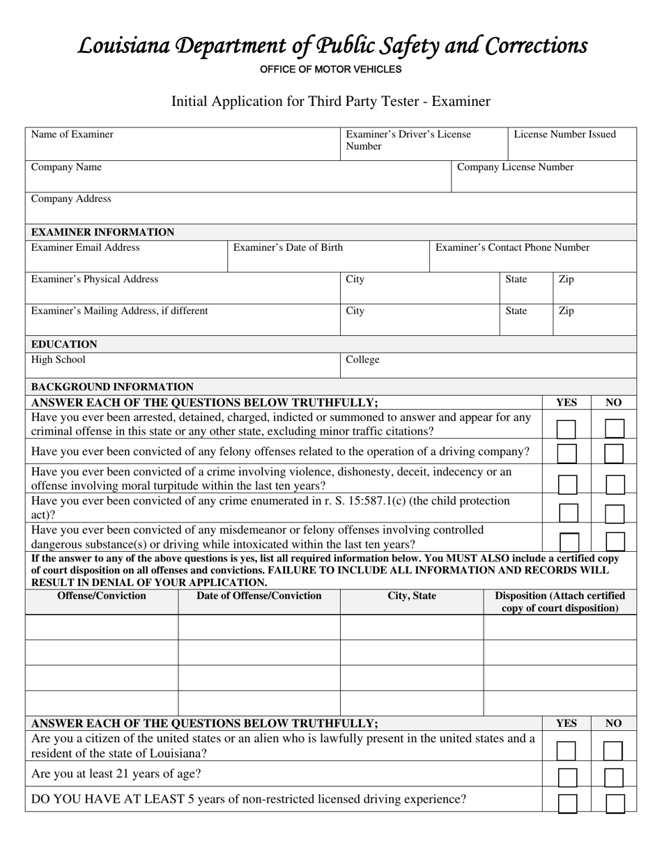 Form DPSMV2404 Initial Application for Third Party Tester - Examiner - Louisiana, Page 1