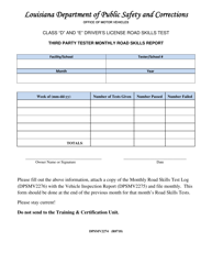 Form DPSMV2274 &quot;Third Party Tester Monthly Road Skills Report&quot; - Louisiana