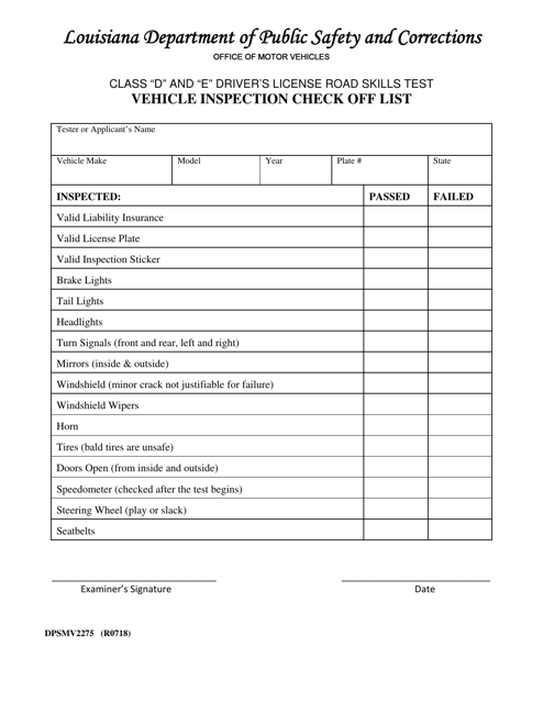 Form DPSMV2275 Vehicle Inspection Check off List - Louisiana