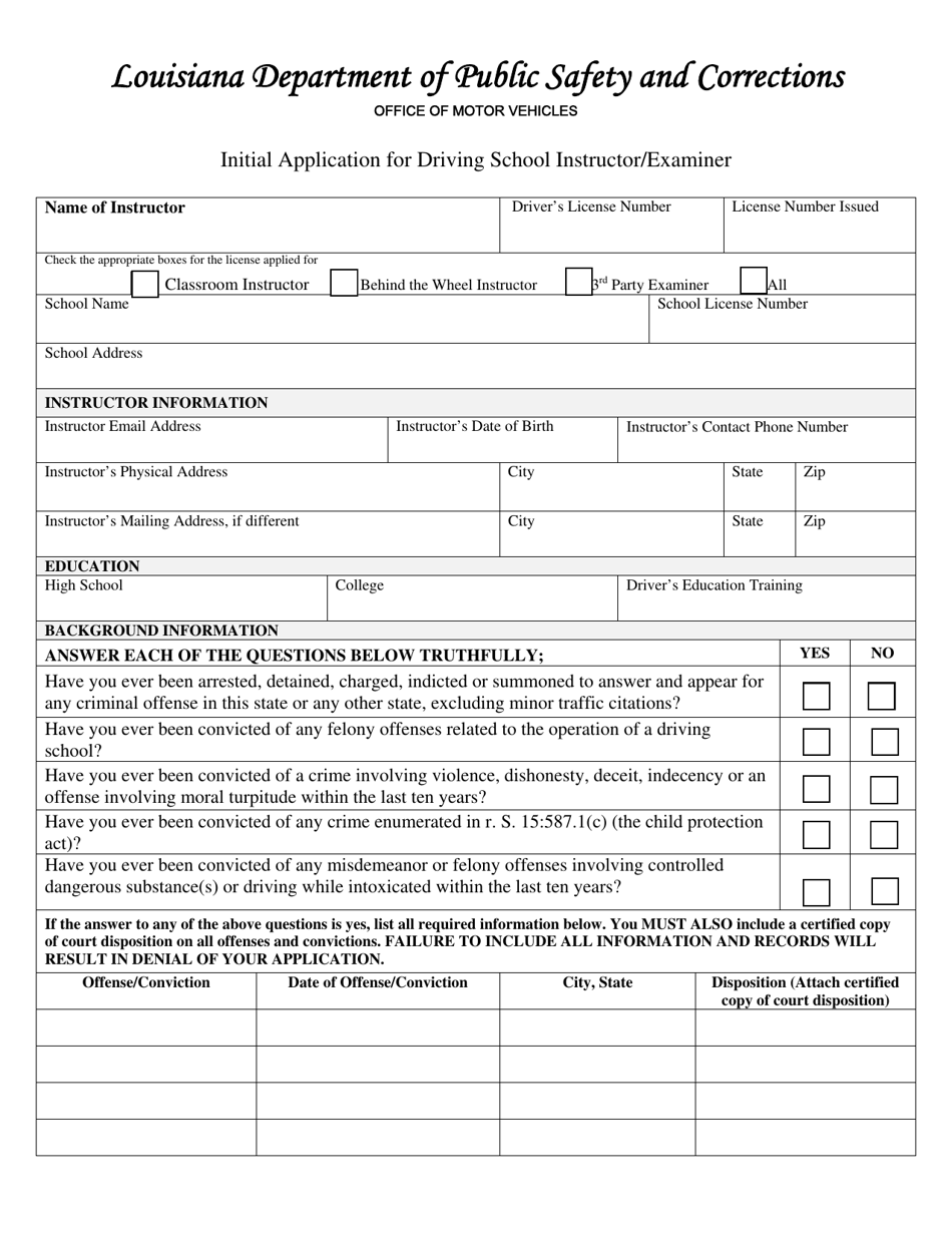 Form DPSMV2401 Initial Application for Driving School Instructor / Examiner - Louisiana, Page 1
