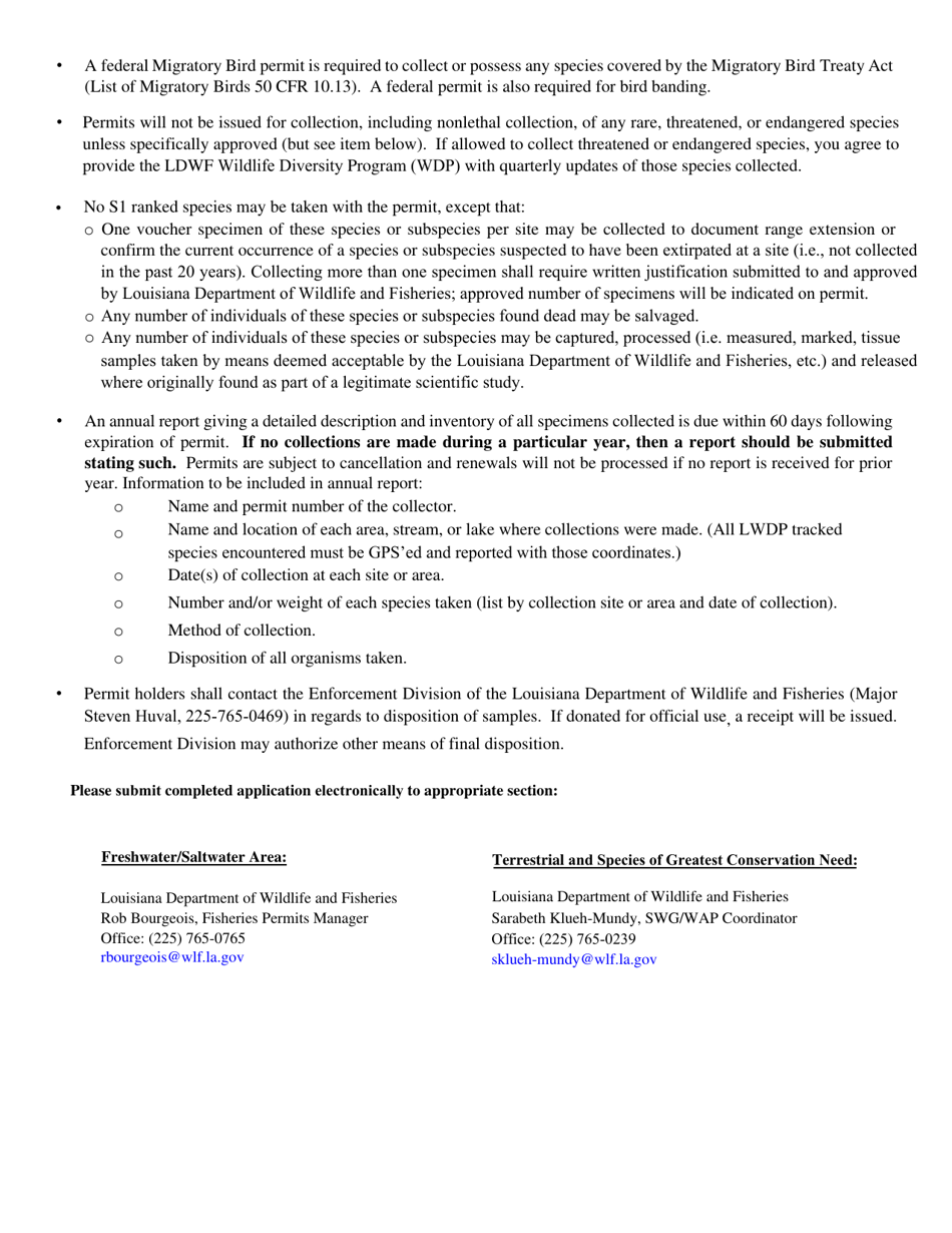 La Scientific Research and Collecting Permit Application - Louisiana, Page 2