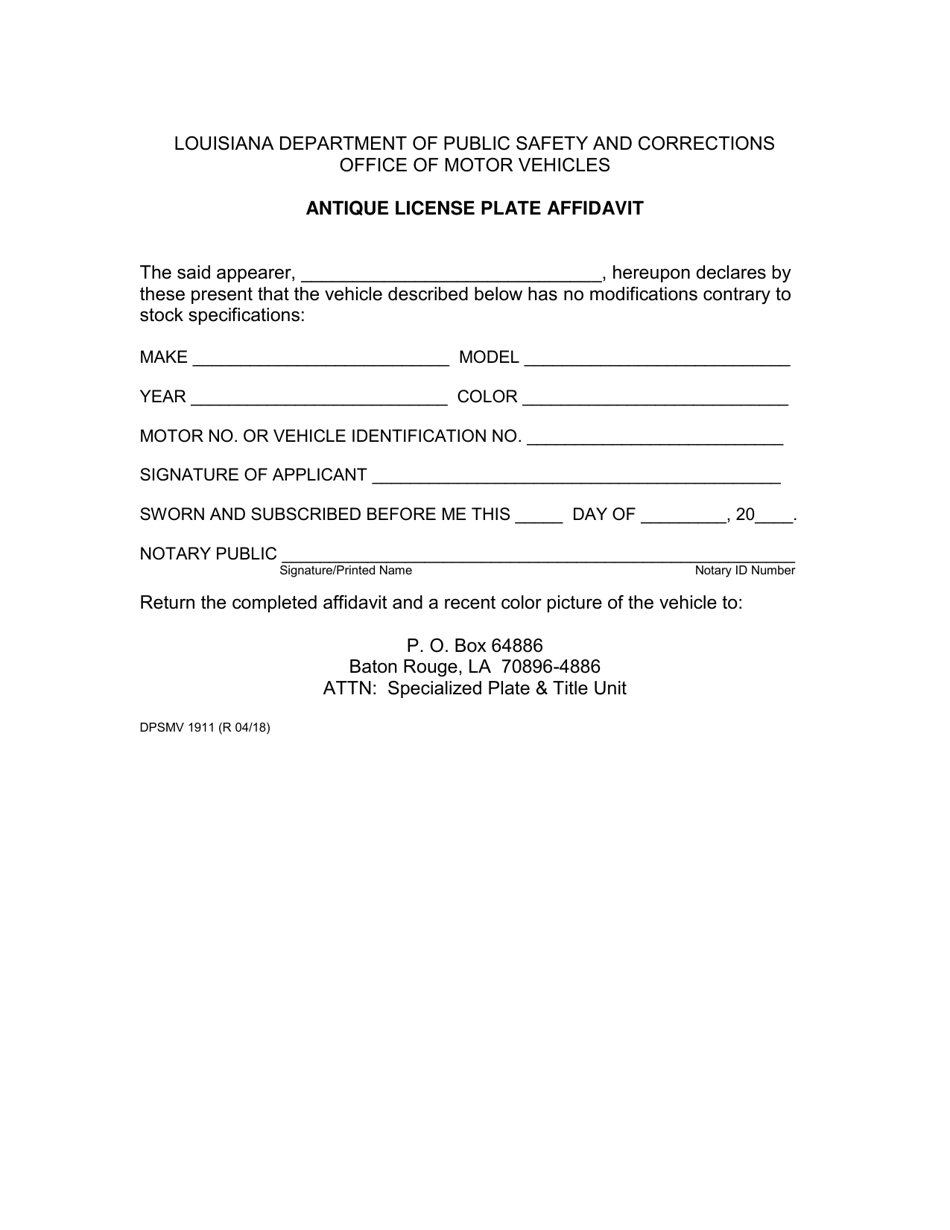 Form DPSMV1911 Antique License Plate Affidavit - Louisiana, Page 1