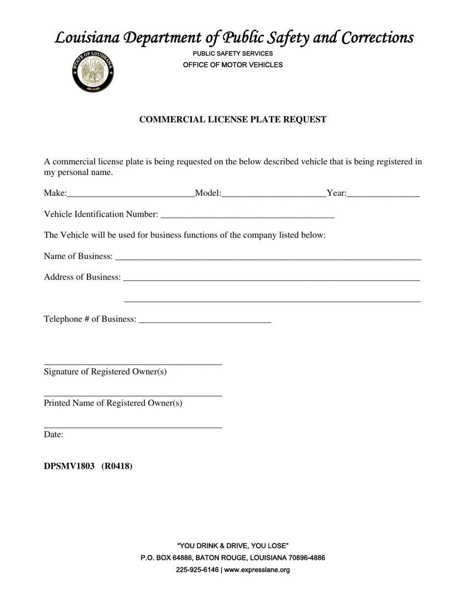 Form DPSMV1803 Commercial License Plate Request - Louisiana, Page 1