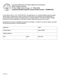 Document preview: Form DPSMV5193 Louisiana Realtors Special License Plate Consent - Louisiana