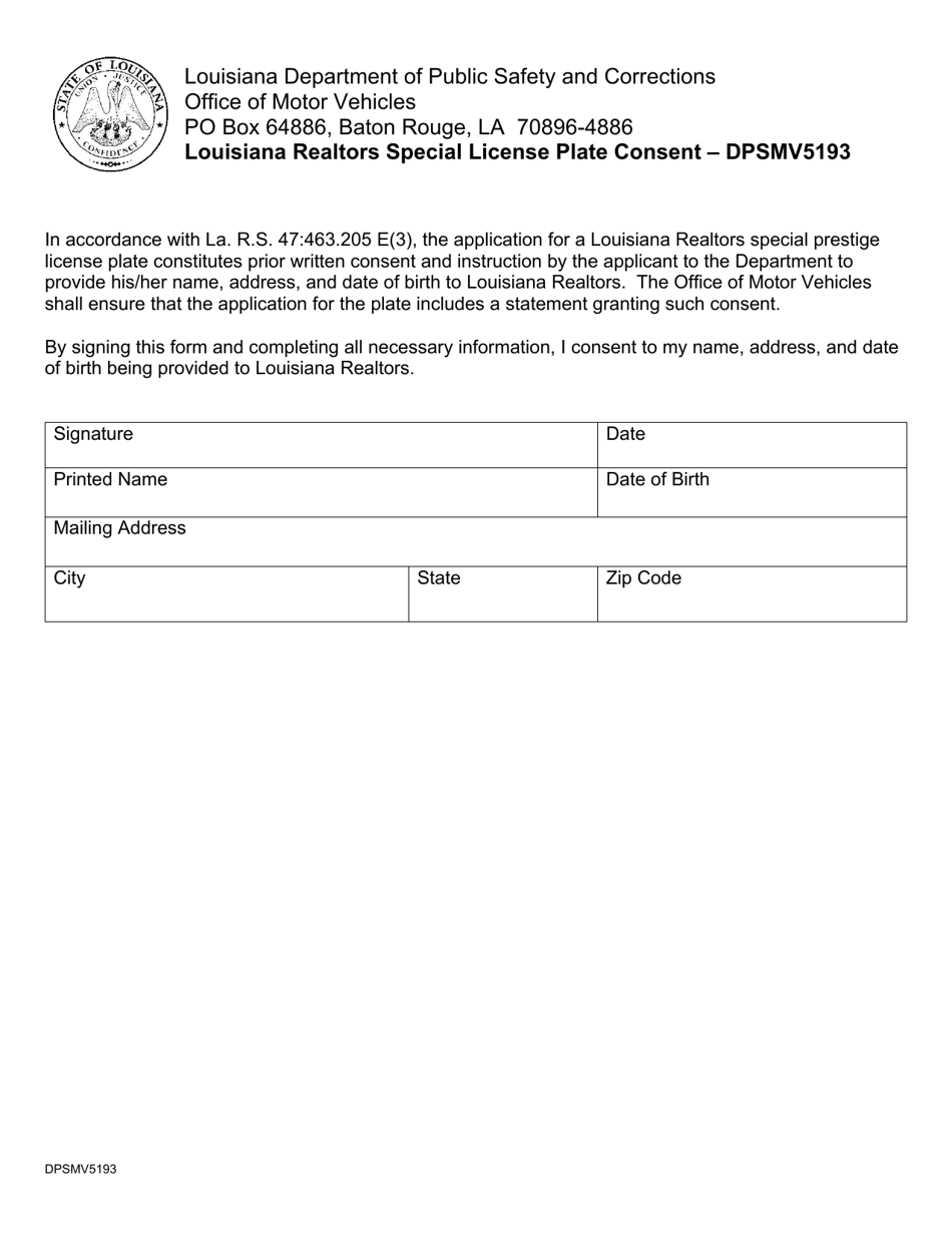 Form DPSMV5193 Louisiana Realtors Special License Plate Consent - Louisiana, Page 1
