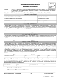 Form DPSMV1819 &quot;Military Surplus License Plate Applicant Certification&quot; - Louisiana