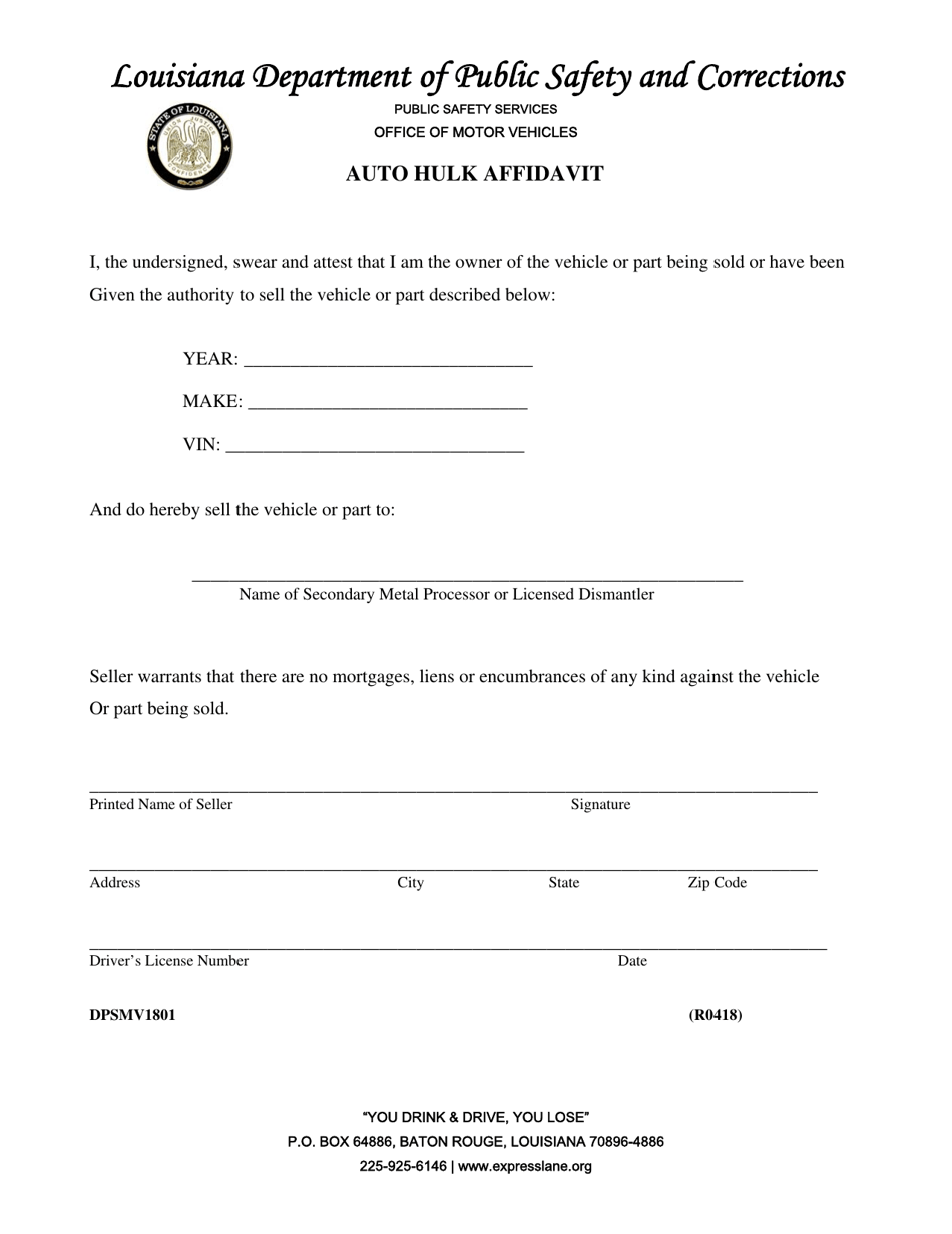 Form DPSMV1801 Auto Hulk Affidavit - Louisiana, Page 1