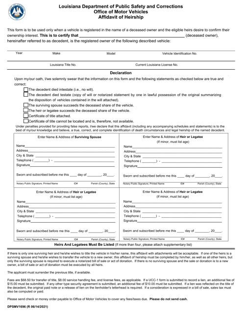 Form DPSMV1696 Affidavit of Heirship - Louisiana