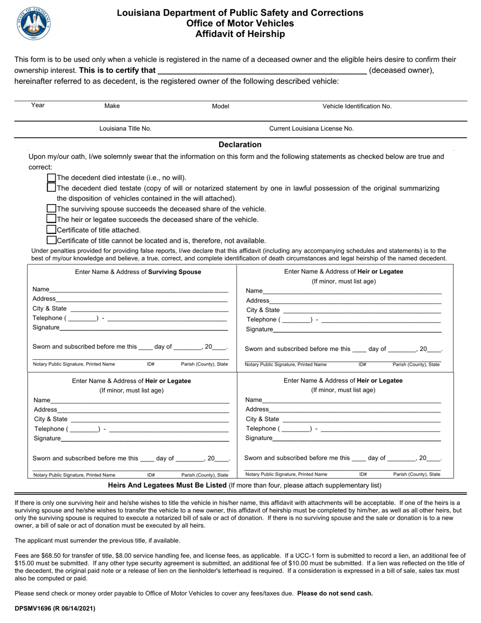 Form DPSMV1696 Download Fillable PDF or Fill Online Affidavit of ...