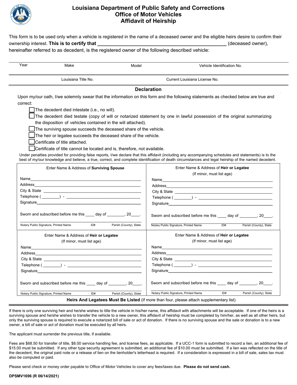 Form DPSMV1696 Affidavit of Heirship - Louisiana, Page 1