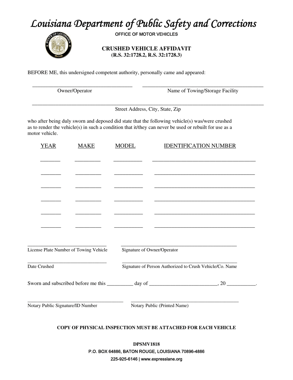 Form DPSMV1818 Crushed Vehicle Affidavit - Louisiana, Page 1