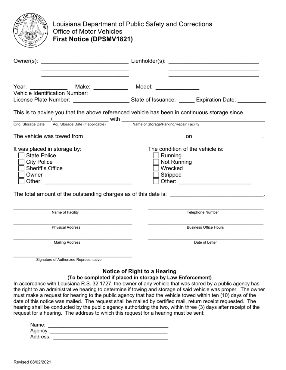 Form DPSMV1821 First Notice - Louisiana, Page 1