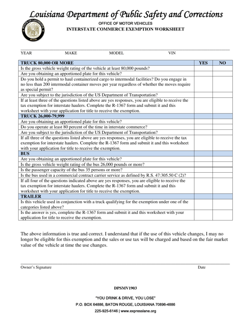 Form DPSMV1903 Interstate Commerce Exemption Worksheet - Louisiana