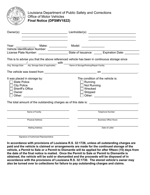 Form DPSMV1822 Final Notice - Louisiana