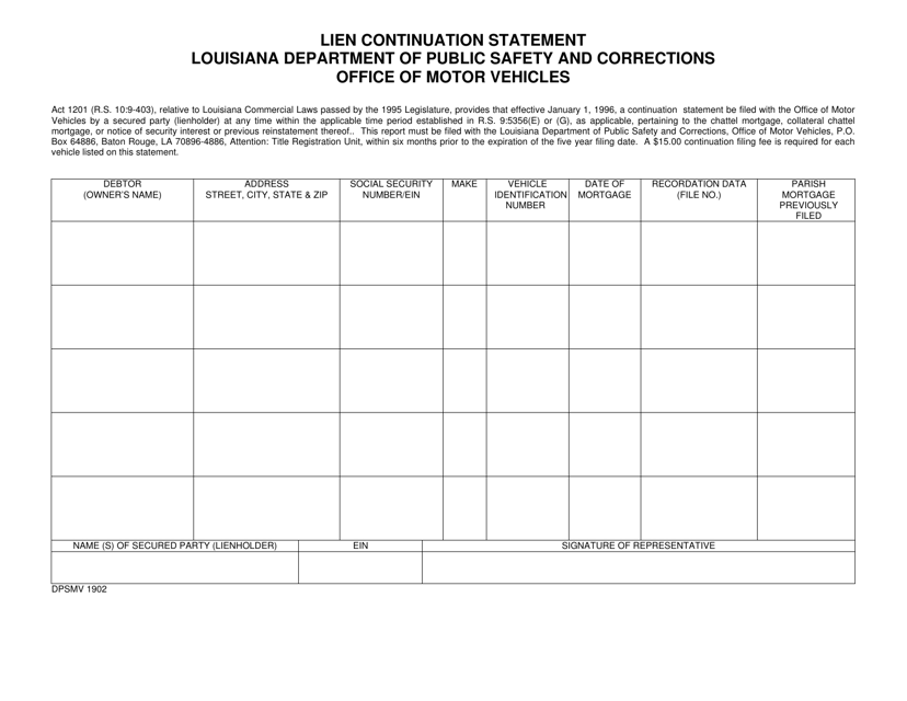 Form DPSMV1902 Lien Continuation Statement - Louisiana