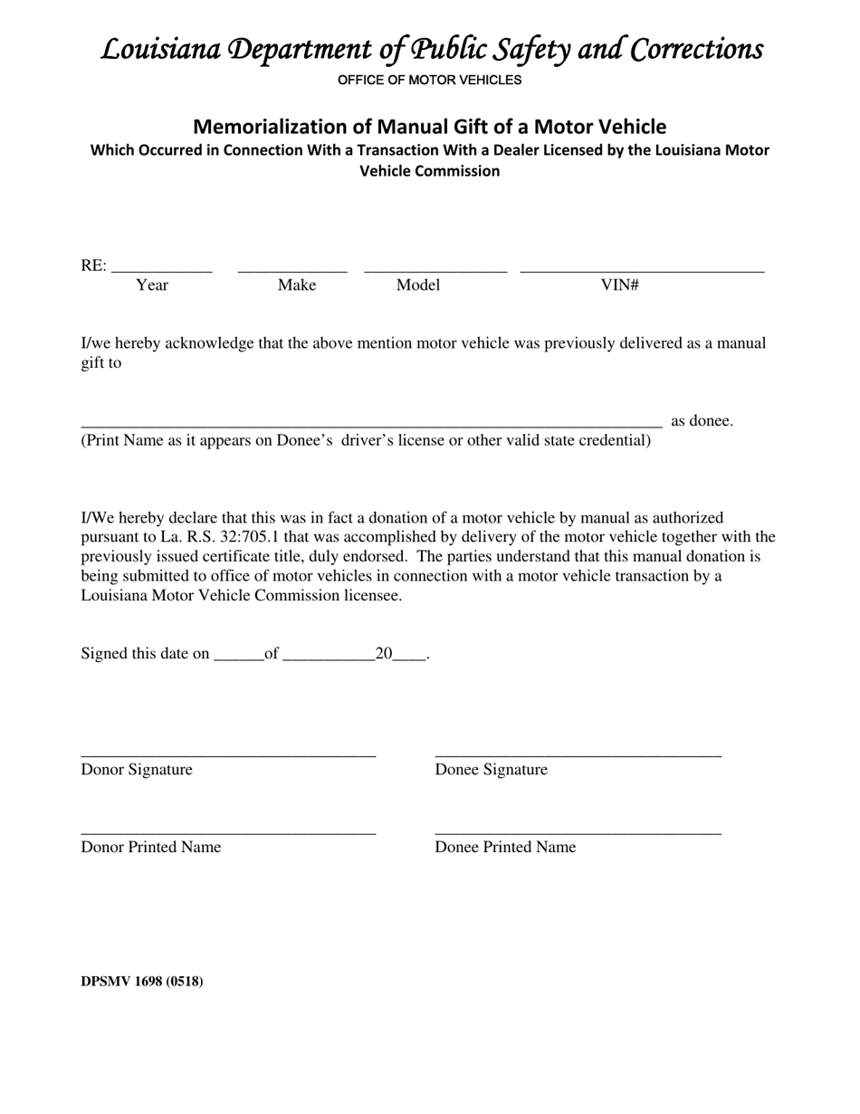 Form DPSMV1698 Memorialization of Manual Gift of a Motor Vehicle - Louisiana, Page 1