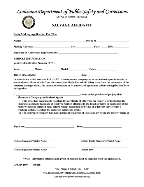 Form DPSMV1807 Salvage Affidavit - Louisiana