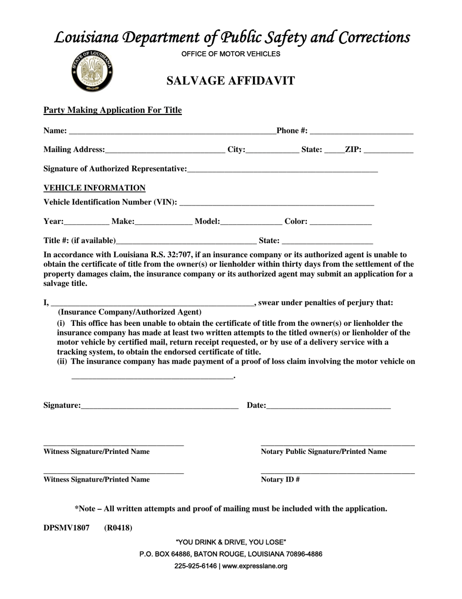 Form DPSMV1807 Salvage Affidavit - Louisiana, Page 1