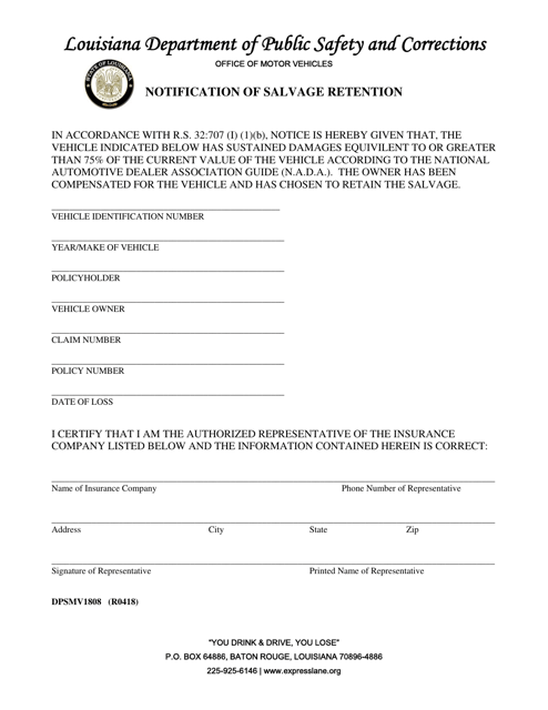 Form DPSMV1808 Notification of Salvage Retention - Louisiana