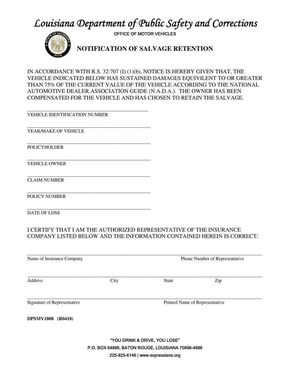Form DPSMV1808 Notification of Salvage Retention - Louisiana, Page 1