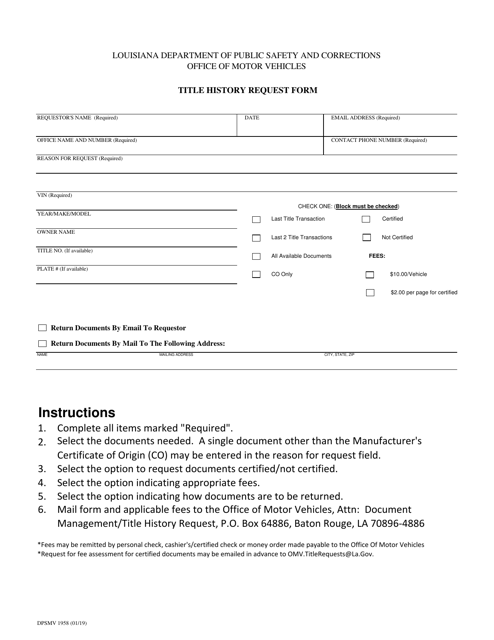 Form DPSMV1958 Title History Request Form - Louisiana