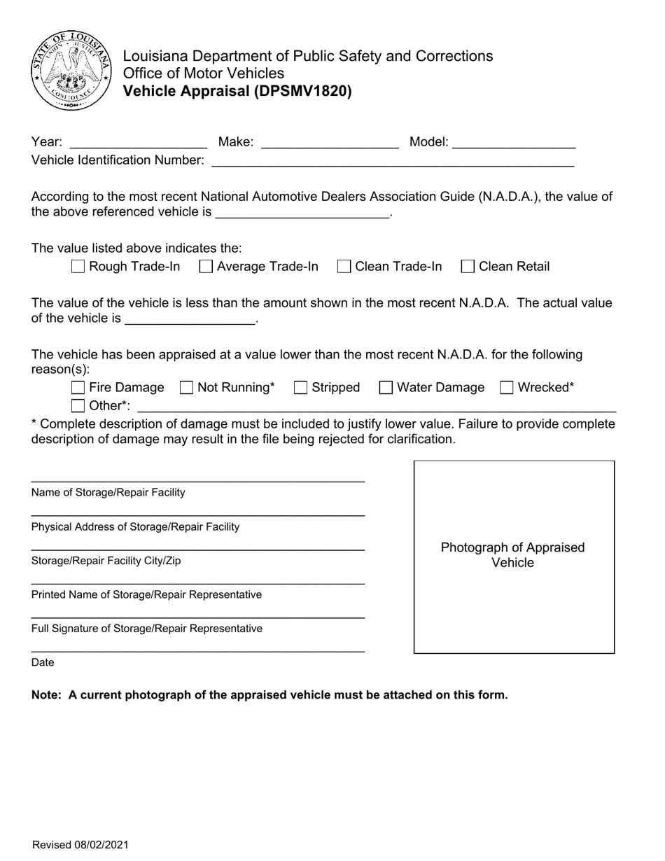 Form DPSMV1820 Vehicle Appraisal - Louisiana, Page 1